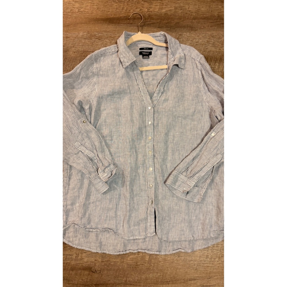 Jones & Co Jones New York Women's 1X 100% Linen Blue White Striped Button Down